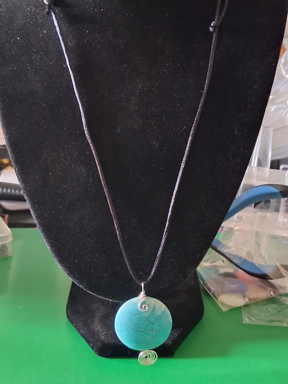 Handmade Turquoise Round Pendant Necklace with Spiral Accent